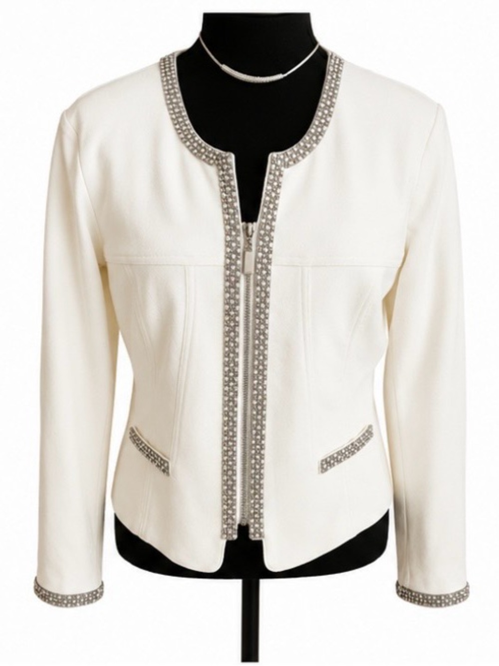 Frank Lyman Rhinestone Trim Cream Zip Front Blazer Jacket Size L